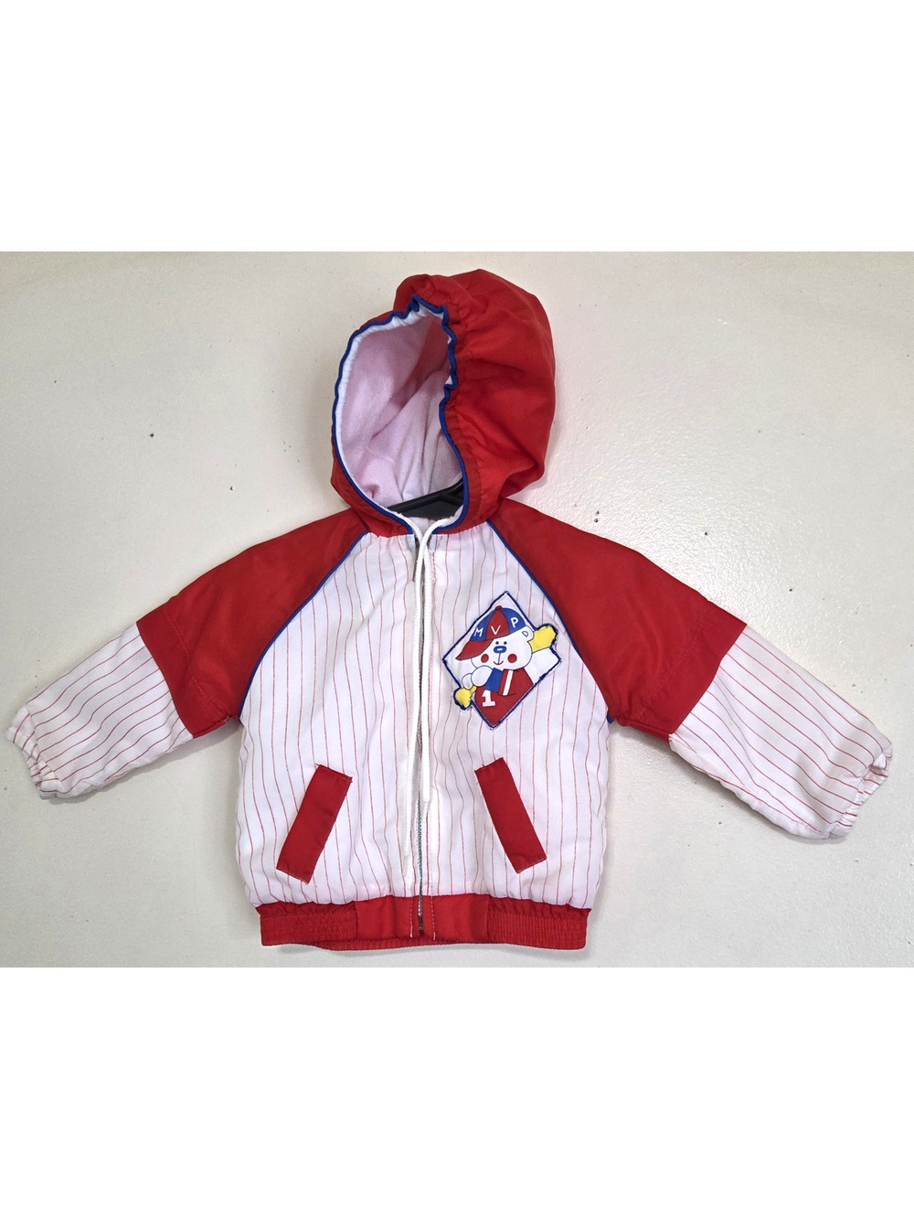 VTG Tiny Tots Baseball Jacket Baby Sz 12 months Windbreaker Red & White Zip Up